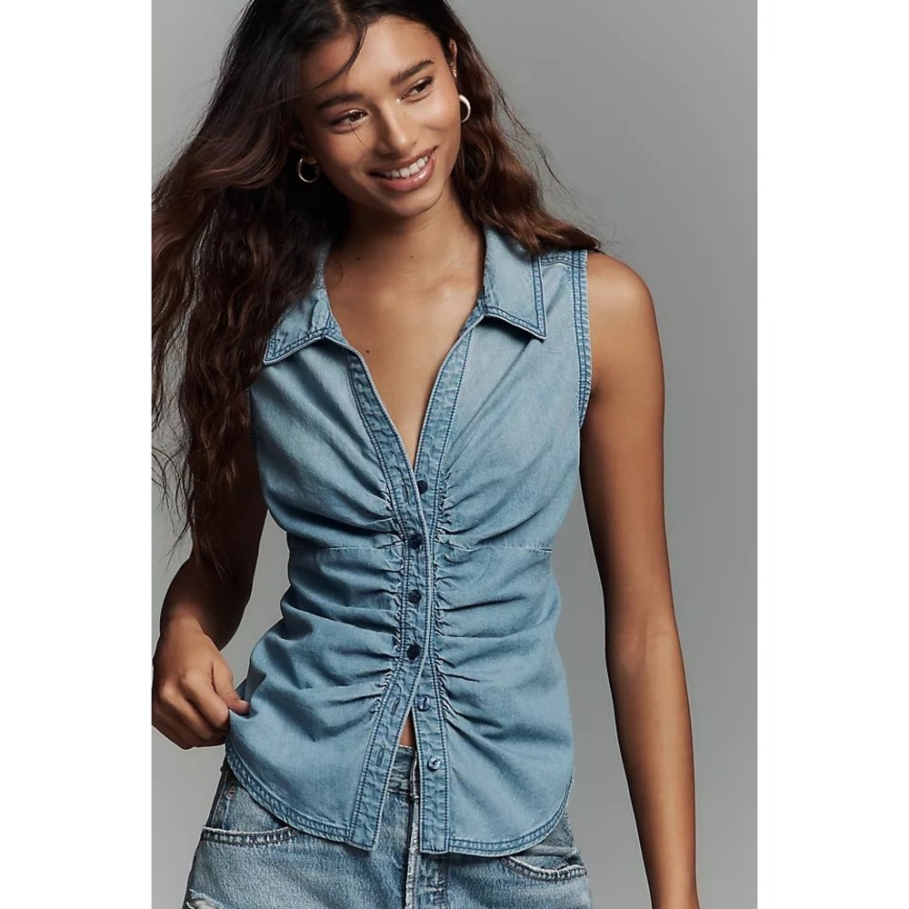 Pilcro and the Letterpress Ruched Sleeveless Denim Shirt Light Wash OB2473383 L
